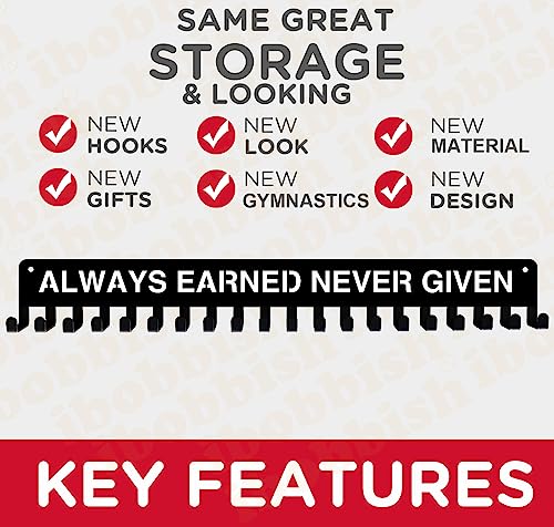 iBobbish Premium Medal Holder Hanger Display for wall ALWAYS EARNED NEVER GIVEN with 20 Hooks,race medal display Upgraded Medal Holder display with Simple Design for gymanstics,race,soccer,swim