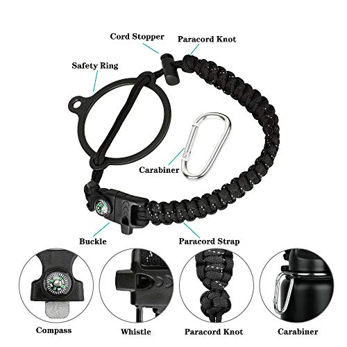 WEREWOLVES Paracord Handle - Fits Wide Mouth Bottles 12oz to 64oz - Durable Carrier, Paracord Carrier Strap Cord with Safety Ring,Compass and Carabiner - Ideal Water Bottle Handle Strap (Grey-Black)