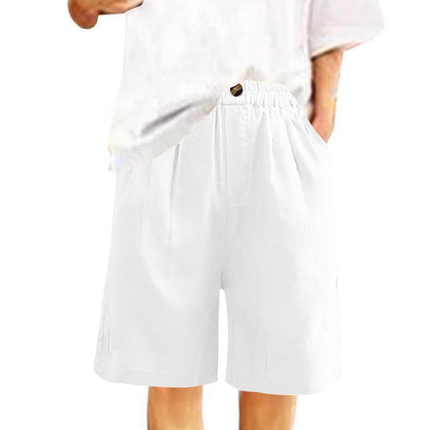 Plus Size Shorts for Women Summer Lounge Bermuda Knee Length Cotton Linen Short Sweatpants Wide Leg High Waisted Loose fit Baggy Elastic Cargo Shorts Ladies Comfy Clothing Trousers(White,X-Large)