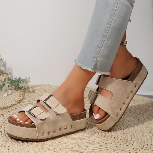 Generic Platform Footbed Sandals for Women Comfortable Footbed Summer Sandals Slip On Slides Beach Sandals Adjustable Buckle, 6.5, Beige
