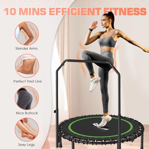 BCAN 450 LBS Foldable Mini Trampoline, 40" Fitness Trampoline with Adjustable Handle Bar, Bungees, Stable & Quiet Exercise Rebounder for Kids Adults Indoor/Garden Workout-Black