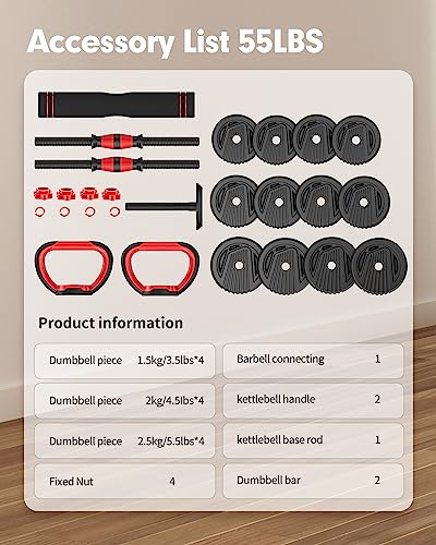 UNNMIIY Adjustable Dumbbells, 10/20/35/45/70/90lbs Free Weight Set with Connector, 4 in1 Dumbbells Set Used as Barbell, Kettlebells, Push up Stand, Fitness Exercises for Home Gym Suitable Men/Women