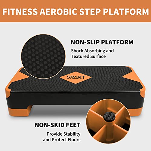 SPART Adjustable Workout Aerobic Stepper, Aerobic Exercise Step Platform with 4 Risers, 3 Levels Adjust 4" - 6" - 8", 26.77" Trainer Stepper with Non-Slip Surface for Home Gym, Black-Orange