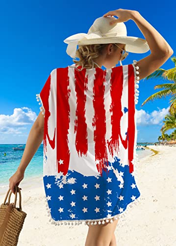 RAISEVERN Women 4th of July Swimsuit Cover Up American Flag Patriotic Outfits for Procession Stripes Stars Swimwear Casual Loose Oversizes Beach Bikini Coverups with Pom Pom