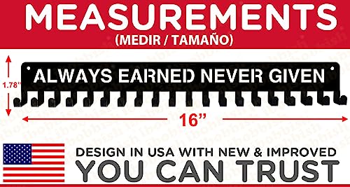 iBobbish Premium Medal Holder Hanger Display for wall ALWAYS EARNED NEVER GIVEN with 20 Hooks,race medal display Upgraded Medal Holder display with Simple Design for gymanstics,race,soccer,swim