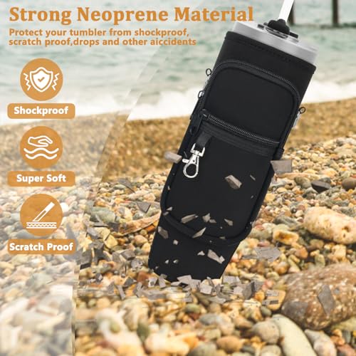 Water Bottle Carrier Bag with Phone Pocket Compatible with Stanley/Meoky 40 oz Tumbler with Handle,Neoprene Water Bottle Holder Pouch with Adjustable Strap Compatible with Stanley Cup Accessories,Pink