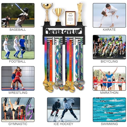 Takytao Medal Hanger Display with Trophy Shelf, Upgraded Sports Medal Holder Trophy Display Shelf Ribbon Holder Simple Wall Hanger with Motivational Words for Athletes and Youth