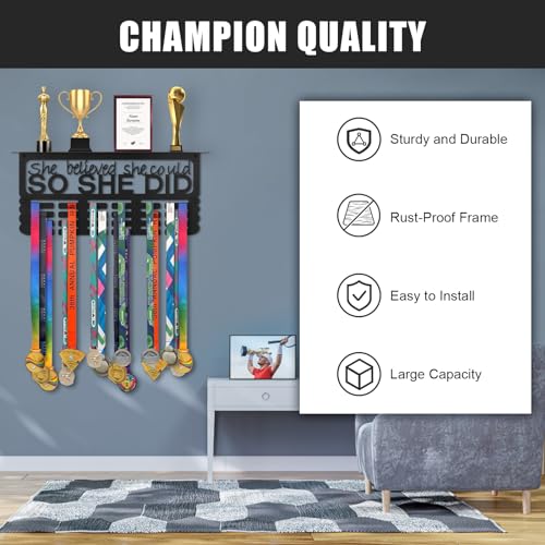 Takytao Medal Hanger Display with Trophy Shelf, Upgraded Sports Medal Holder Trophy Display Shelf Ribbon Holder Simple Wall Hanger with Motivational Words for Gymnastics, Soccer, Softball