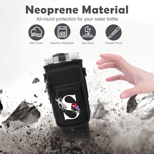 Water Bottle Carrier Bag with Strap Pouch for Stanley 40 oz Tumbler Cup Accessories, Neoprene Water Bottle Holder Phone Pocket Personalized Initial A-Z Flower Design Mother's Day Gift (S, Black)