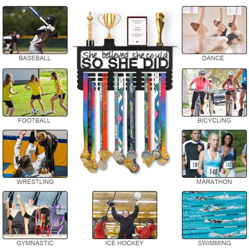 Takytao Medal Hanger Display with Trophy Shelf, Upgraded Sports Medal Holder Trophy Display Shelf Ribbon Holder Simple Wall Hanger with Motivational Words for Gymnastics, Soccer, Softball