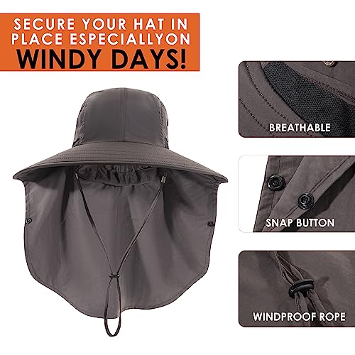 HEEHIPOO Mens Women Fishing Hat UPF 50+ Wide Brim Sun Hat with Face Cover & Neck Flap Dark Gray
