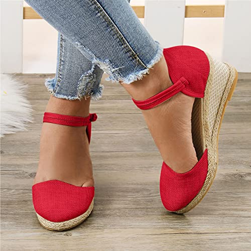 Women's Ankle Strap Low Wedge Sandals Open Toe Evening Dress Wedding Dance Shoes Boho Style Vintage Slip On Flip Flops Sandals 07-Red, 7