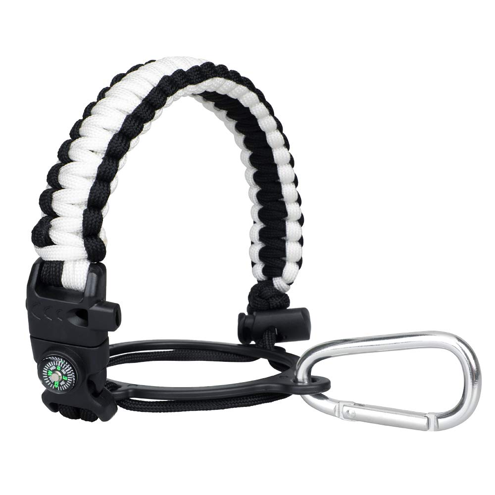 Paracord Handle - Fits Wide Mouth Bottles 12oz to 64oz - Durable Carrier, Paracord Carrier Strap Cord with Safety Ring,Compass and Carabiner - Ideal Water Bottle Handle Strap (White/Black)