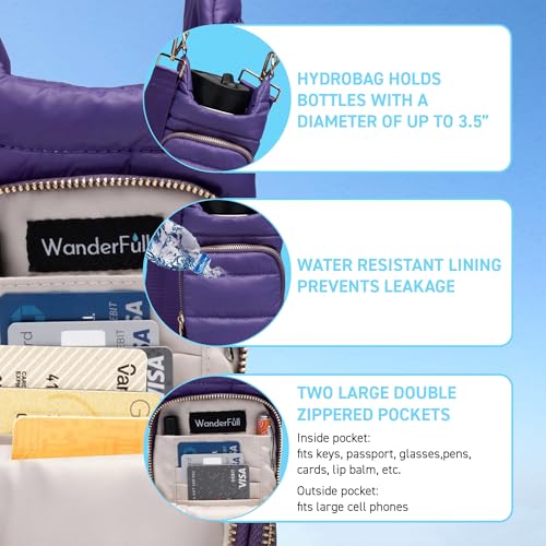 WanderFull Original Crossbody HydroBag | Quilted Water Bottle Carrier | Puffer Tote Tumbler Holder with Pockets for Purse, Phone & Accessories | Carry Travel Essentials (Deep Violet)