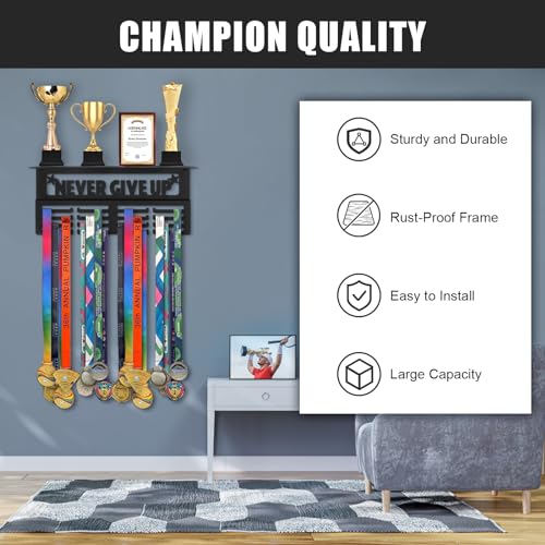 Takytao Medal Hanger Display with Trophy Shelf, Upgraded Sports Medal Holder Trophy Display Shelf Ribbon Holder Simple Wall Hanger with Motivational Words for Athletes and Youth