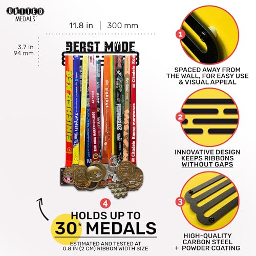 Sports Medal Hanger Display Race Beast Mode | Black Race Medal Holder Awards Wall Mount | Running Marathon Race Medal Display for Wall | Steel Medal Holder for Wall Holds up to 30 Medals