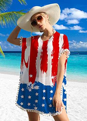 RAISEVERN Women 4th of July Swimsuit Cover Up American Flag Patriotic Outfits for Procession Stripes Stars Swimwear Casual Loose Oversizes Beach Bikini Coverups with Pom Pom