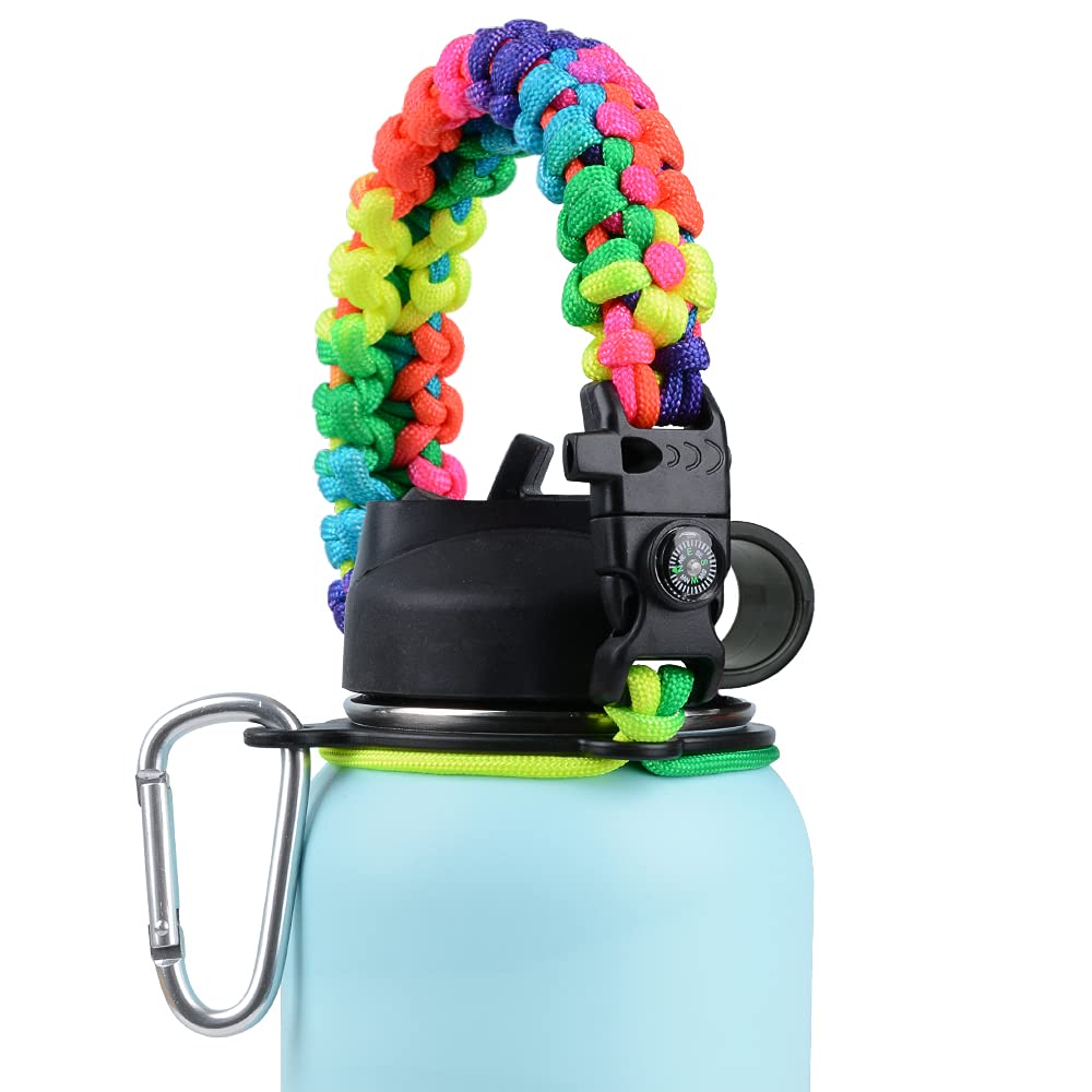 Paracord Handle - Fits Wide Mouth Bottles 12oz to 64oz - Durable Carrier, Paracord Carrier Strap Cord with Safety Ring,Compass and Carabiner - Ideal Water Bottle Handle Strap (Dark rainbow Flower)