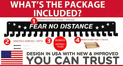iBobbish Premium Medal Holder Hanger Display FEAR NO DISTANCE with 20 Hooks,race medal display Upgraded Medal Holder display with Simple Design for gymanstics,race,soccer,swim