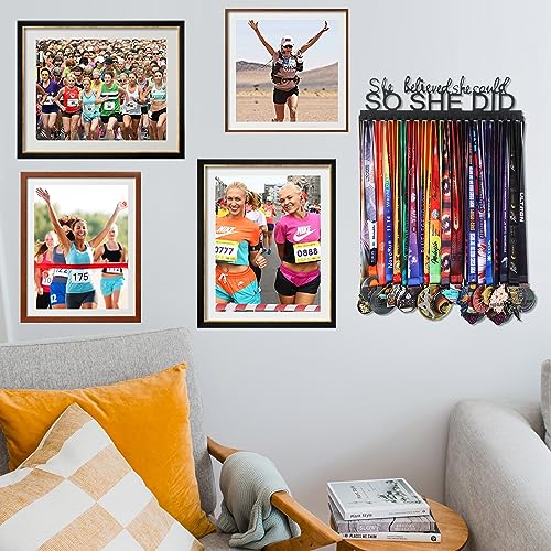 Goutoports Medal Holder Display Hanger Rack Frame for Sport Race Runner - She Believed She Could - Sturdy Black Steel Metal Over 60 Medals Easy to Install