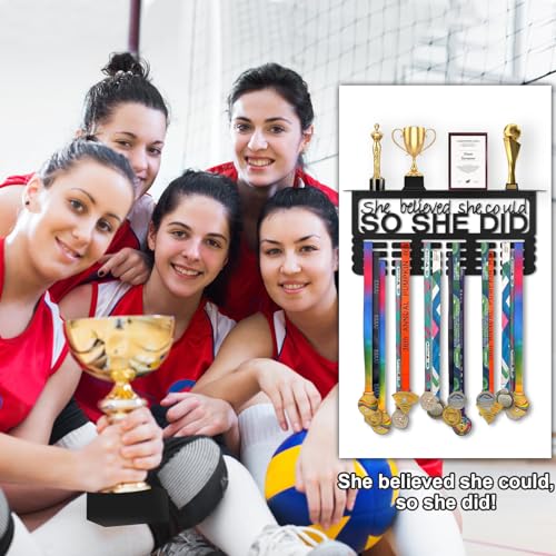 Takytao Medal Hanger Display with Trophy Shelf, Upgraded Sports Medal Holder Trophy Display Shelf Ribbon Holder Simple Wall Hanger with Motivational Words for Gymnastics, Soccer, Softball