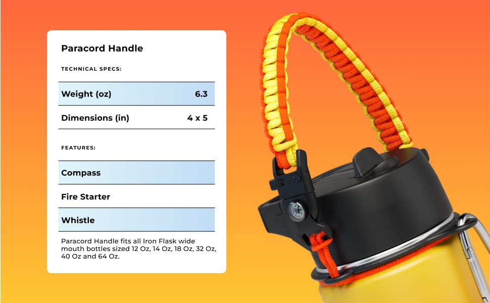 IRON °FLASK Paracord Handle - Fits Wide Mouth Water Bottles - Durable Carrier, Secure Accessories, Survival Strap Cord, Safety Ring, and Carabiner - Seven Core Paracord Bracelet