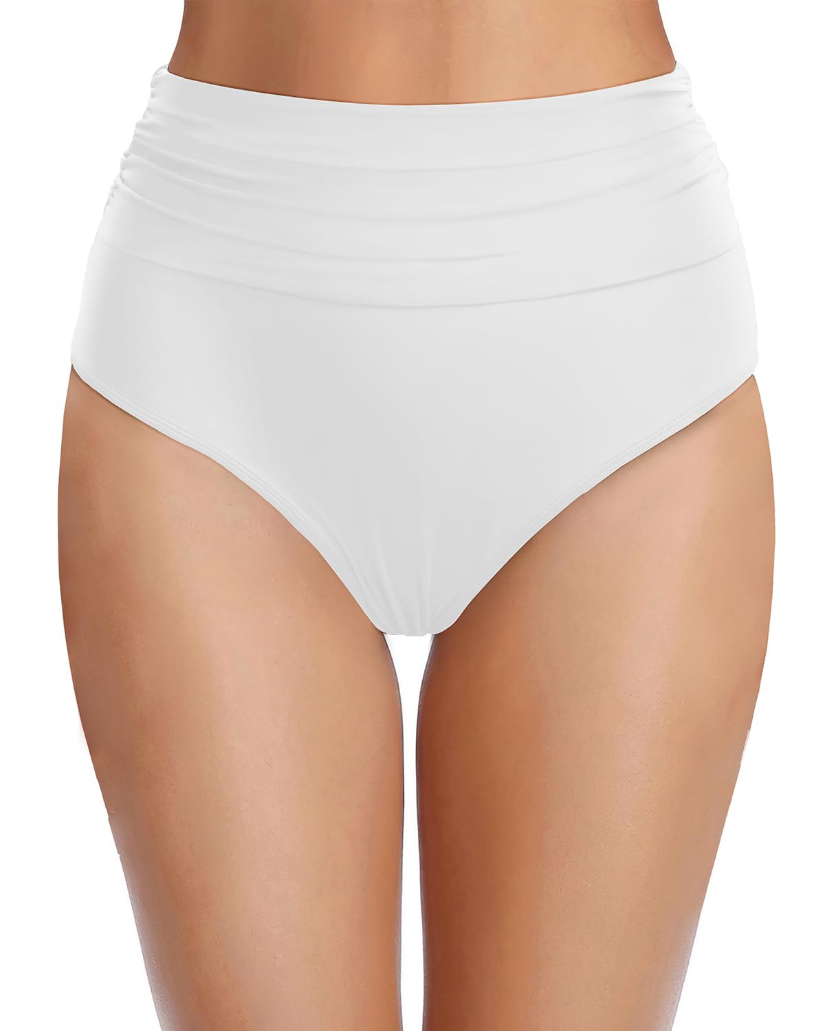 Zmart Women's High Waisted Bikini Bottoms Ruched Tummy Control Bathing Suit Bottom Full Coverage Swimsuit White L