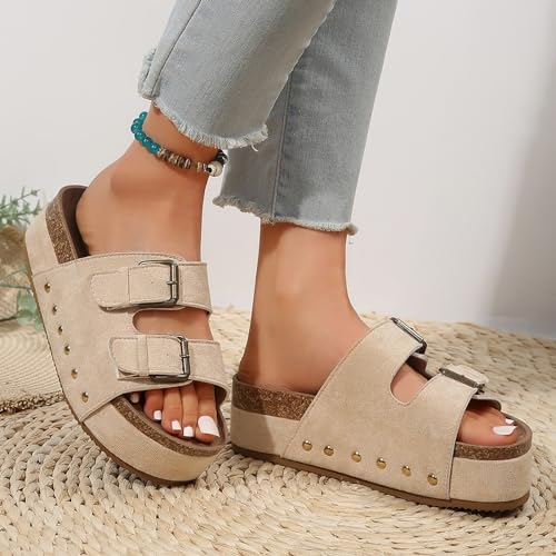 Generic Platform Footbed Sandals for Women Comfortable Footbed Summer Sandals Slip On Slides Beach Sandals Adjustable Buckle, 6.5, Beige