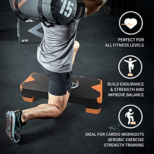 SPART Adjustable Workout Aerobic Stepper, Aerobic Exercise Step Platform with 4 Risers, 3 Levels Adjust 4" - 6" - 8", 26.77" Trainer Stepper with Non-Slip Surface for Home Gym, Black-Orange