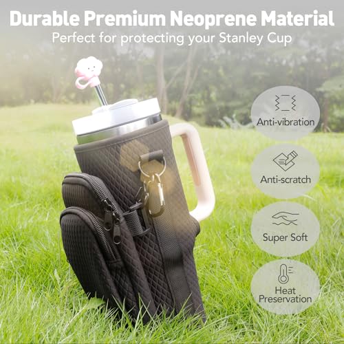 Stanley Cup Holder, 2024 Newest Stanley 40 Oz Cup Accessories, Include 3Pcs Straw Covers & Water Bottle Holder, 3D Embossing Neoprene Cup Carrier Bag & Case with 2 Straps and Phone Pocket(Black)