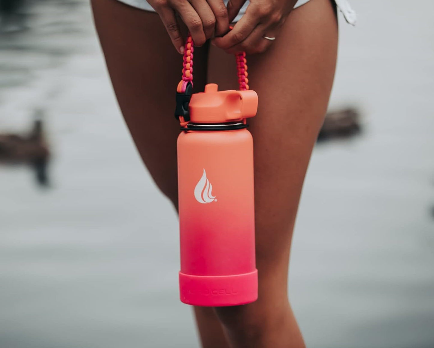 HYDRO CELL Paracord Handle for Wide Mouth Water Bottles - Carrier Strap w/Attachment Ring and Carabiner Accessory. Compatible w/ 64oz, 40oz 32oz, 24oz, 18oz, 14oz Insulated Bottles (Coral/Punch)