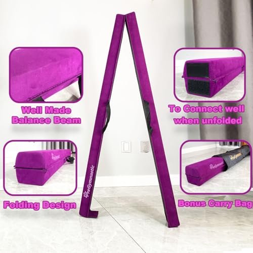 PreGymnastic 6FT/8FT/9.5FT Folding Balance Beam for Kids 3-12,Foldable Gymnastics Floor Beam-Extra Firm Suede Cover with Carry Bag for Home-Gym Equipment for Toddler Teenage (Purple, 6FT)