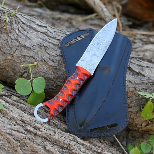 Fixed Blade Hunting Knife Camel Bone Handle Damascus Steel Sharp Blade Full Tang Knife with Leather Sheath for Outdoor Camping, Skining, Hiking, Fishing, Bushcraft Survival Knives (Camel Bone)