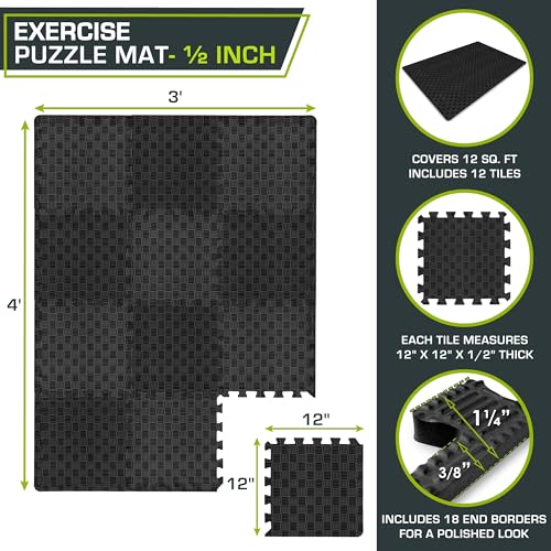 ProsourceFit Exercise Puzzle Mat 1-in, Checkered EVA Foam Floor Tiles w/Non-Slip Texture, Gym Mat w/Interlocking Foam Tiles for Adjustable Surface, Shock Absorbing, Waterproof Gym Flooring, Black