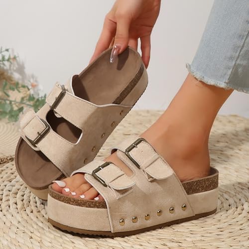 Generic Platform Footbed Sandals for Women Comfortable Footbed Summer Sandals Slip On Slides Beach Sandals Adjustable Buckle, 6.5, Beige