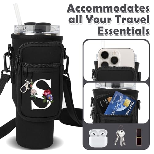 Water Bottle Carrier Bag with Strap Pouch for Stanley 40 oz Tumbler Cup Accessories, Neoprene Water Bottle Holder Phone Pocket Personalized Initial A-Z Flower Design Mother's Day Gift (S, Black)