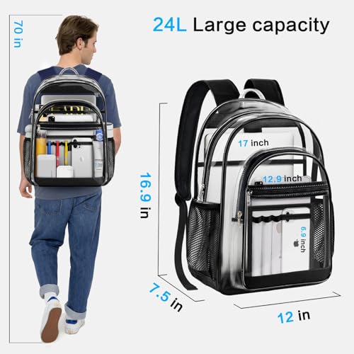 GEAMSAM Clear Backpack, Heavy Duty Large Transparent Backpack with Reinforced Straps, See Through Book Bag for College, Travel, Work Security - Black
