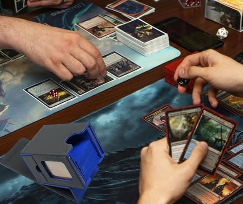 RizzRosa Card Deck Box for MTG Commander - Dual Card Display, Fits 100 Double-Sleeved Cards, Dice Tray, 2 Card Holders, Blue