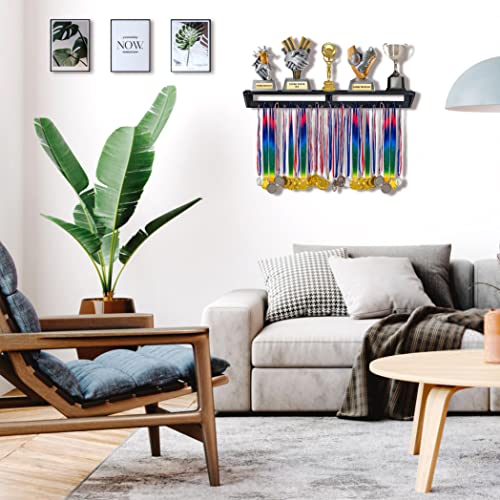 LAVIEVERT Gymnastic Medal Hanger with Storage Shelf, Wooden Wall-Mounted Trophy Shelf, Race Medal Display Rack Holder with 23 Hanging Bars - Black
