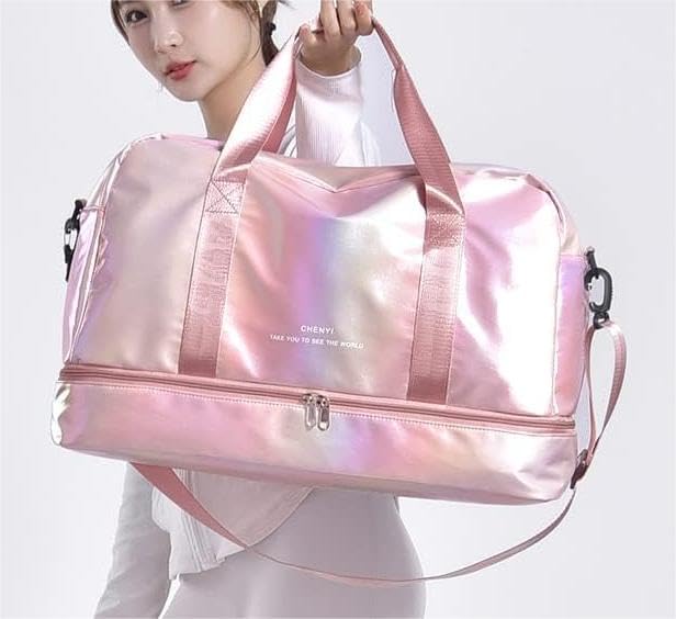 Gym yoga Bag Dry Wet Separated,Sports Travel Duffel Bag,Weekender Overnight Carry On Bag with Shoes Compartment Wet Pocket Women Travel Foldable Bag (fluorescent pink)