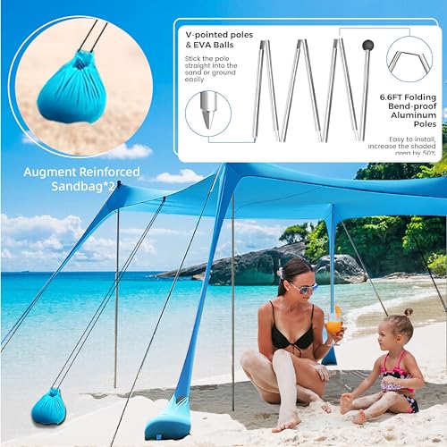 Beach Shade Tent,Beach Canopy,Beach Tent Sun Shelter | UPF50+ Pop Up Beach Tent,Beach Umbrella with 6 Sandbags and 4 Aluminum Poles, Beach Shade for Camping, Backyard Fun or Picnics (Blue10*10FT)