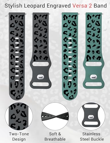 Minyee 2 Packs Leopard Engraved Band Compatible with Fitbit Versa 2/Fitbit Versa/Versa Lite Bands Women, Two-Tone Cheetah Soft Silicone Sport Designer Cute Fancy Summer Strap for Versa 2 Smart Watch