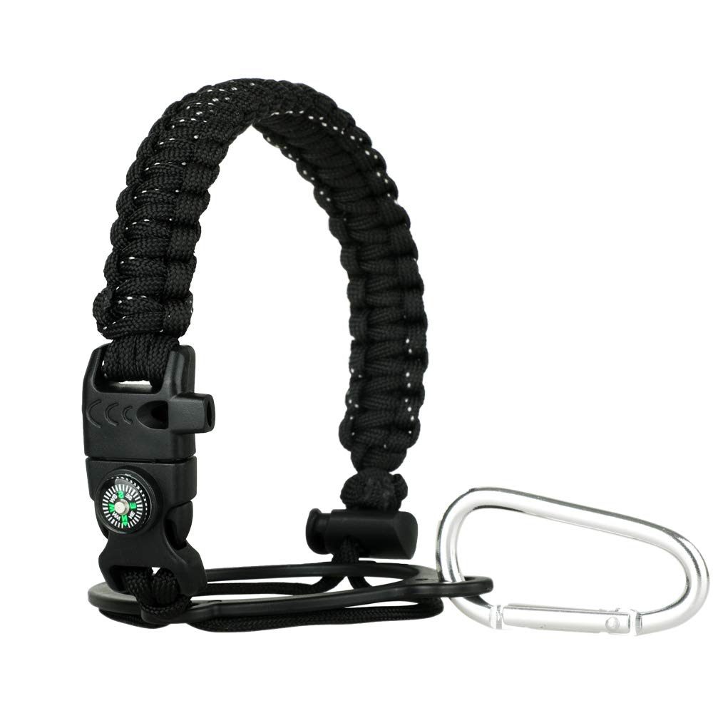 WEREWOLVES Paracord Handle - Fits Wide Mouth Bottles 12oz to 64oz - Durable Carrier, Paracord Carrier Strap Cord with Safety Ring,Compass and Carabiner - Ideal Water Bottle Handle Strap (3 Black)