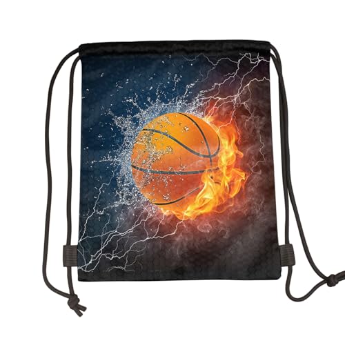 Zautey Basketball Drawstring Bag 3D Cool Basketball in Fire And Water Backpack Bag Sports Drawstring Sackpack String Bag for Men Women