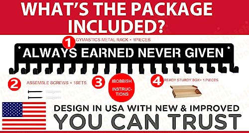 iBobbish Premium Medal Holder Hanger Display for wall ALWAYS EARNED NEVER GIVEN with 20 Hooks,race medal display Upgraded Medal Holder display with Simple Design for gymanstics,race,soccer,swim