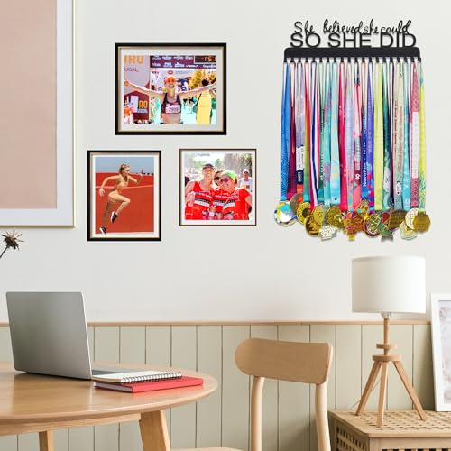 Goutoports Medal Holder Display Hanger Rack Frame for Sport Race Runner - She Believed She Could - Sturdy Black Steel Metal Over 60 Medals Easy to Install