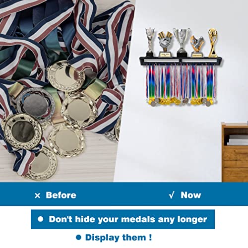 LAVIEVERT Gymnastic Medal Hanger with Storage Shelf, Wooden Wall-Mounted Trophy Shelf, Race Medal Display Rack Holder with 23 Hanging Bars - Black