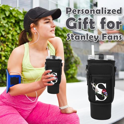 Water Bottle Carrier Bag with Strap Pouch for Stanley 40 oz Tumbler Cup Accessories, Neoprene Water Bottle Holder Phone Pocket Personalized Initial A-Z Flower Design Mother's Day Gift (S, Black)