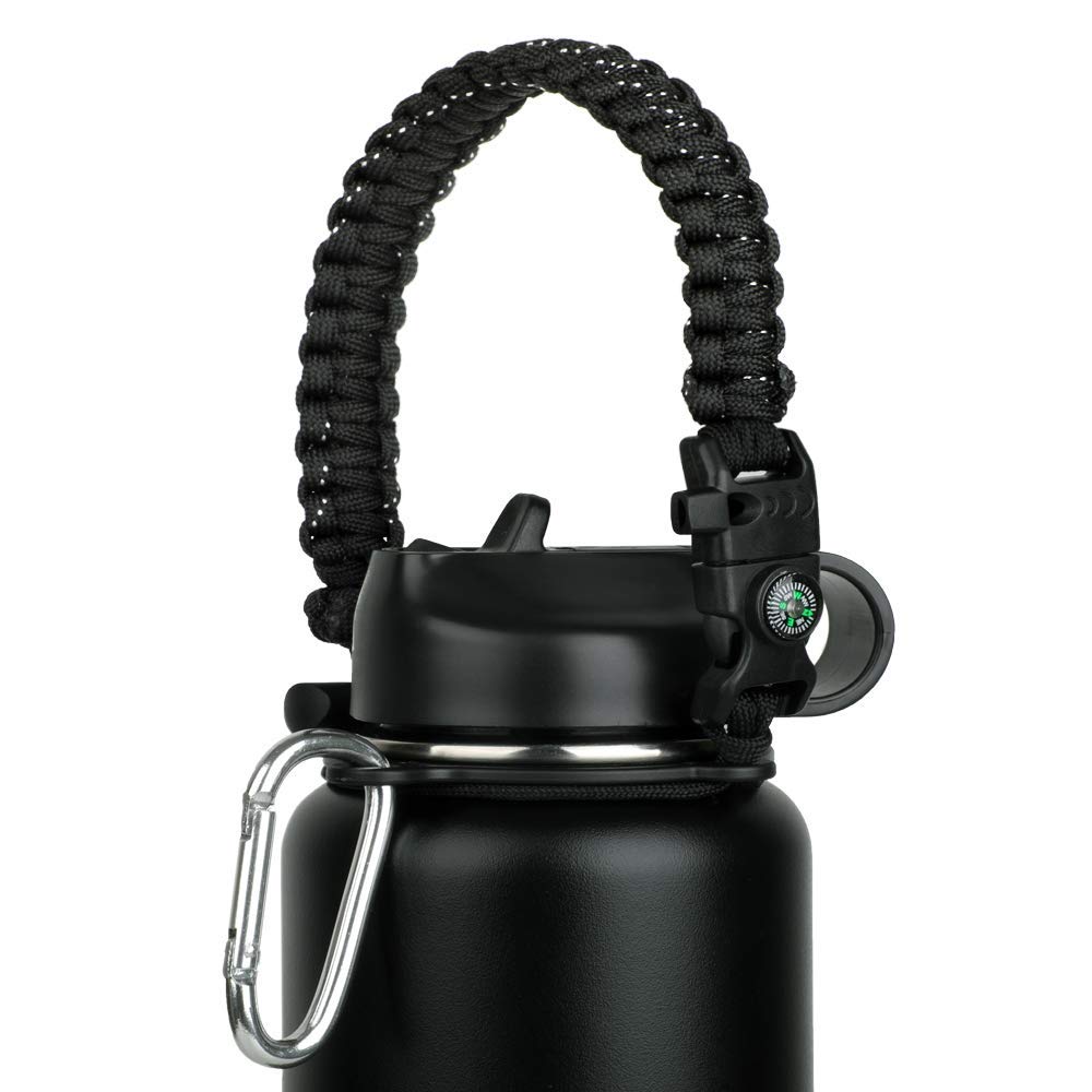 WEREWOLVES Paracord Handle - Fits Wide Mouth Bottles 12oz to 64oz - Durable Carrier, Paracord Carrier Strap Cord with Safety Ring,Compass and Carabiner - Ideal Water Bottle Handle Strap (3 Black)