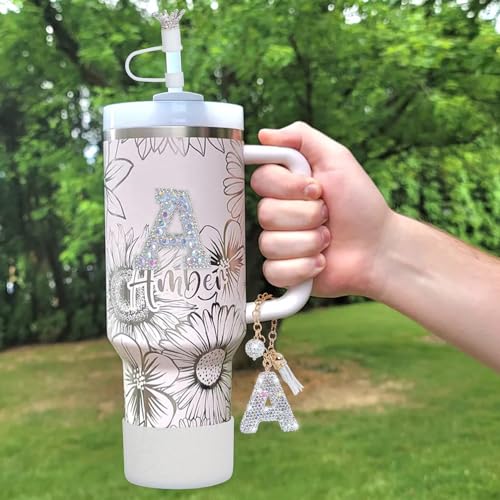 Letter Charms for Stanley Cup Handle,Silicone Boot Accessories Charms for Stanley Cup 40oz 30oz,Crown Straw Cover Topper & Diamond Sticker(W)